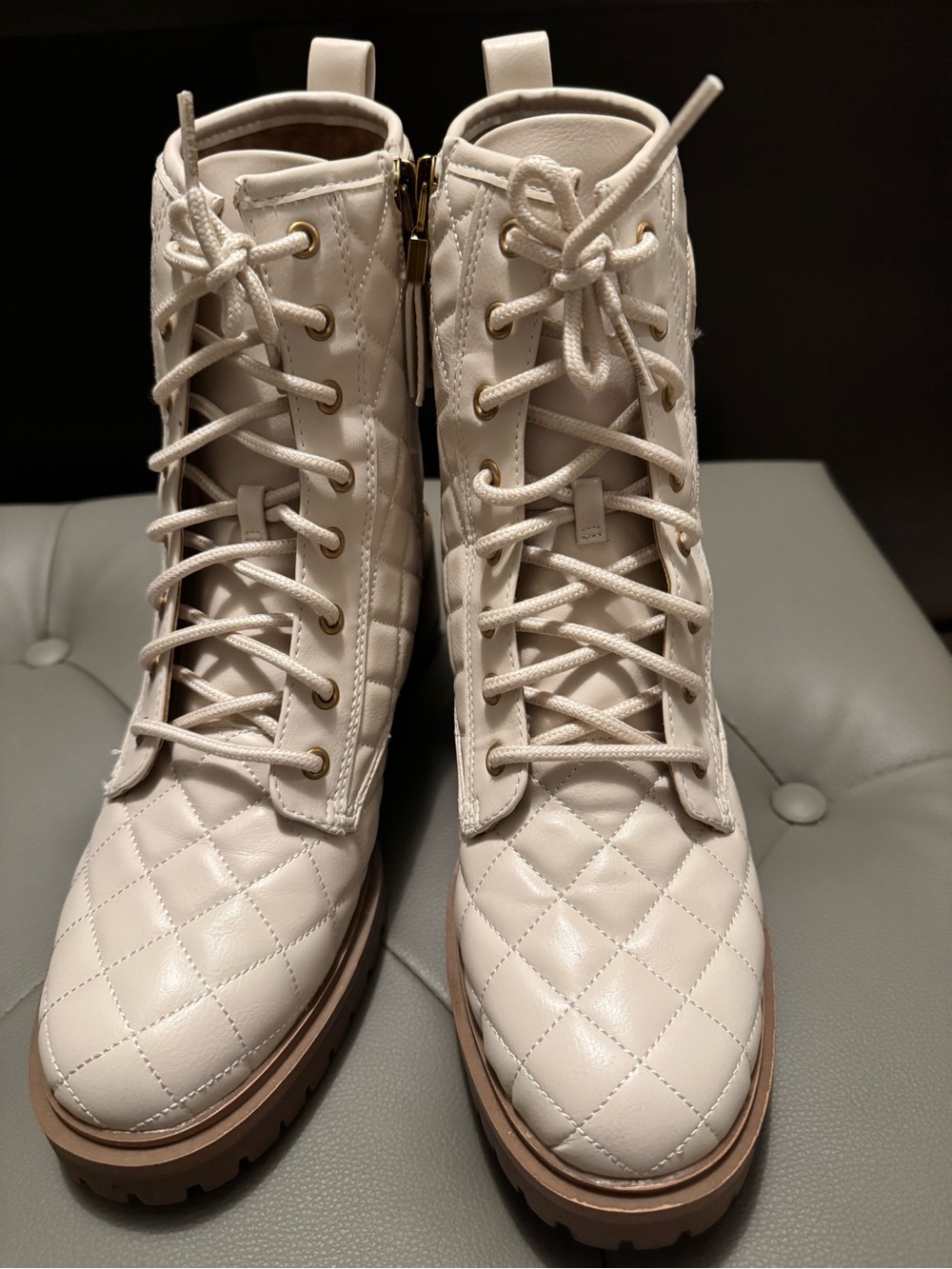 Sam & Libby Quilted Lace-Up Combat Ankle Boots in Cream